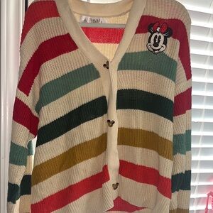Striped Cardigan Sweater with Minnie Mouse Patch